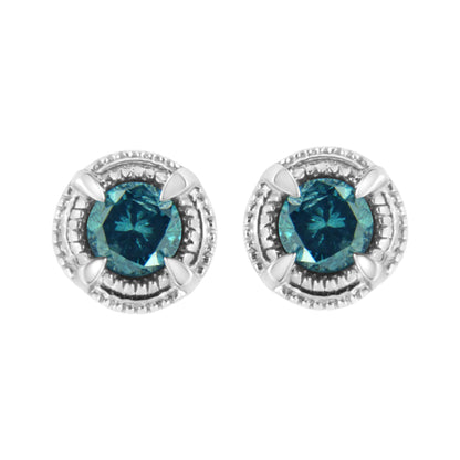Front view of white metal round prong-set earrings with blue gemstones.