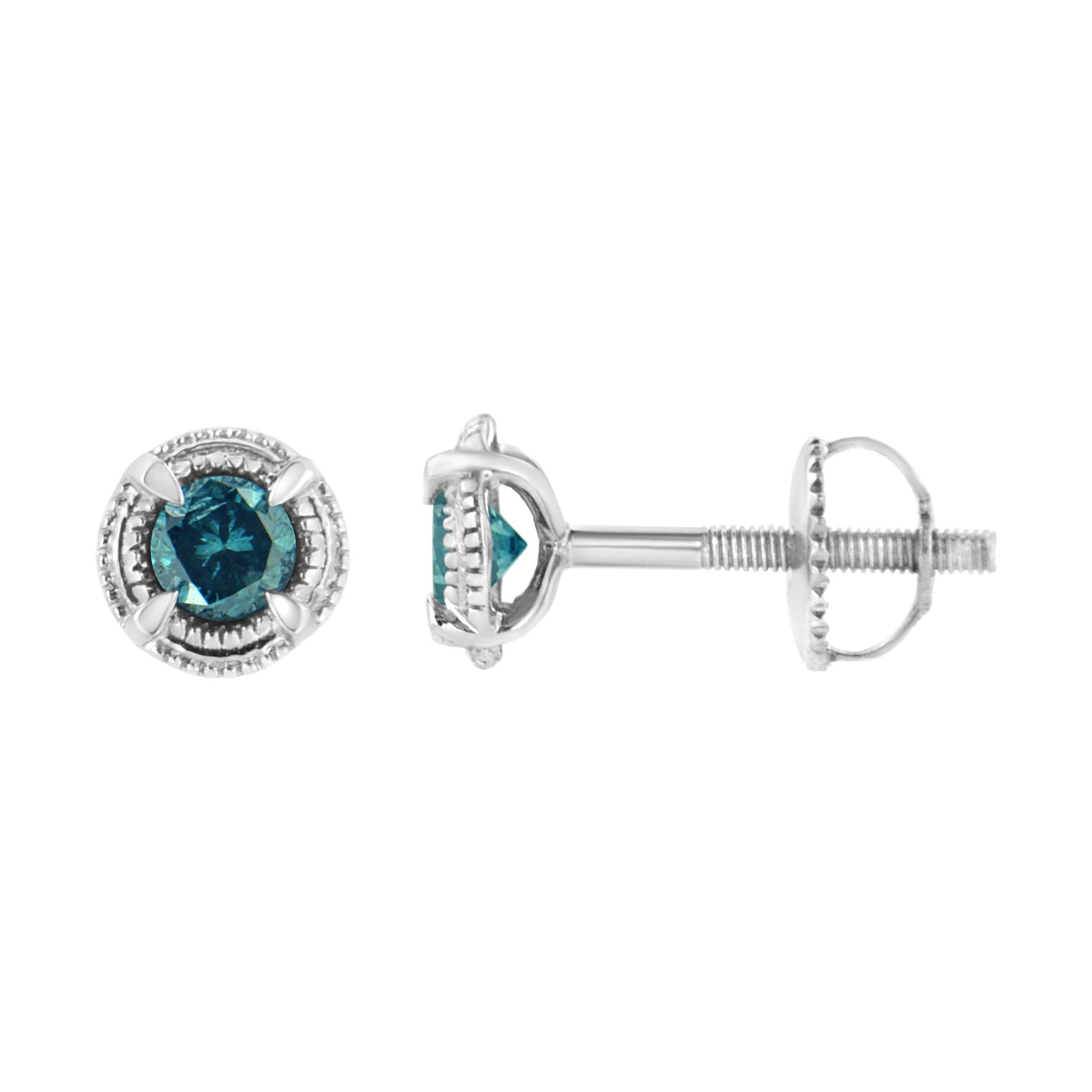 Front and side views of white metal stud earrings with round blue gemstones in prong settings.