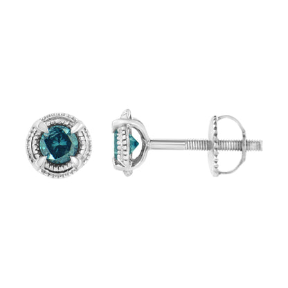 Front and side views of white metal stud earrings with round blue gemstones in prong settings.