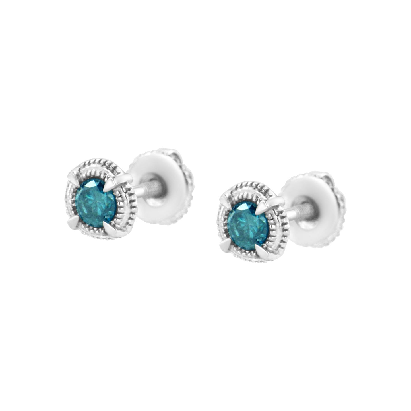 Pair of white metal stud earrings with round blue gemstones in prong settings, shown in a front angle view.