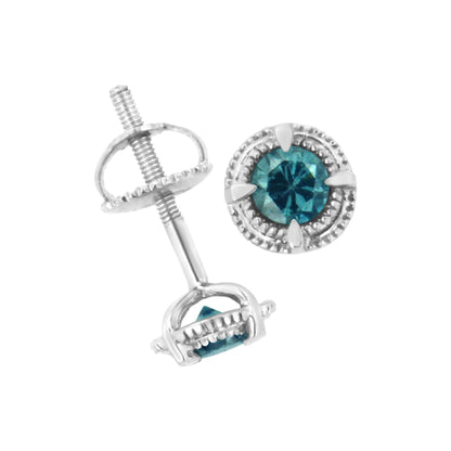 White metal stud earrings with round blue gemstones in prong settings, shown from front and side angles.