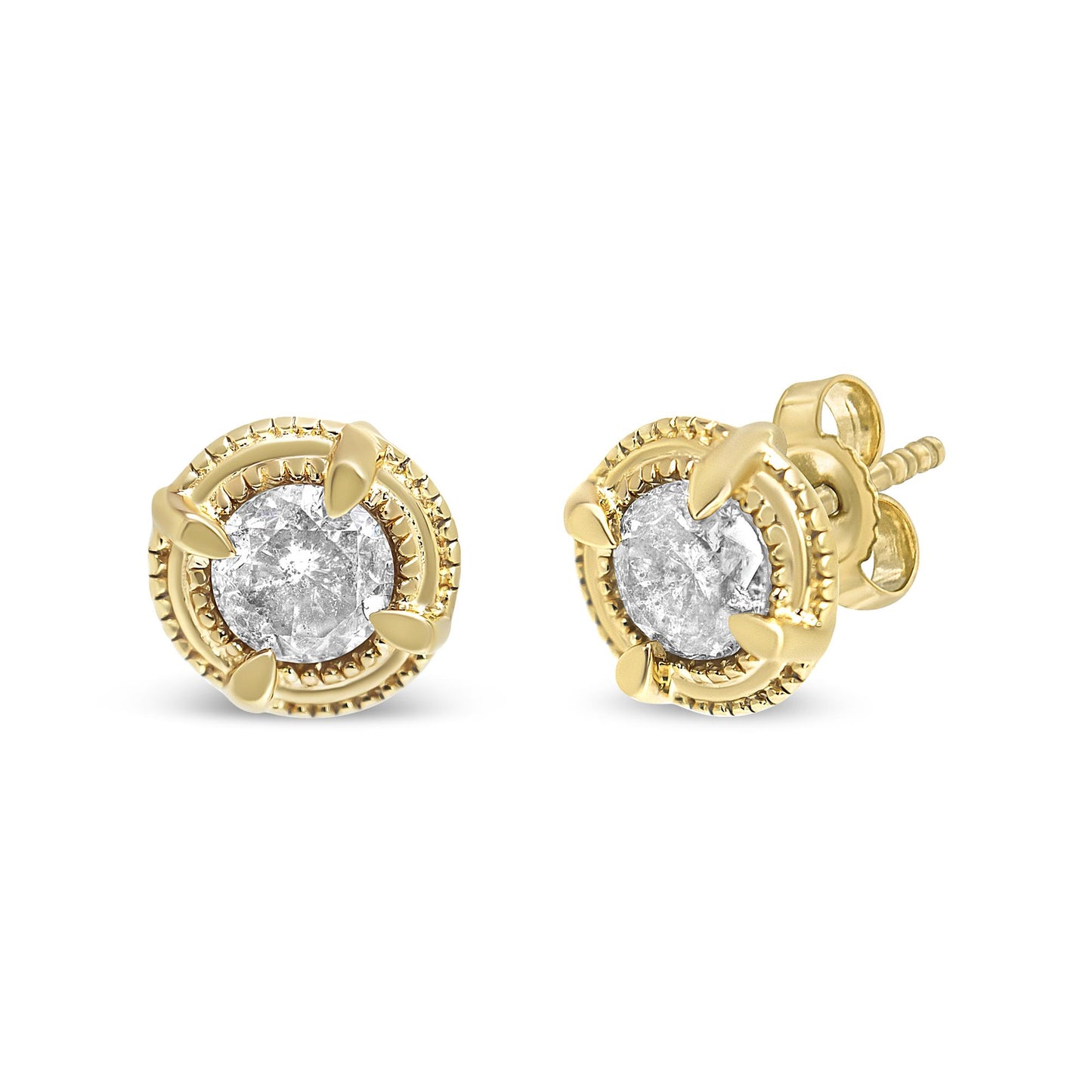 Yellow metal round stud earrings with prong-set brownish round gemstones, shown from a front and side angle.
