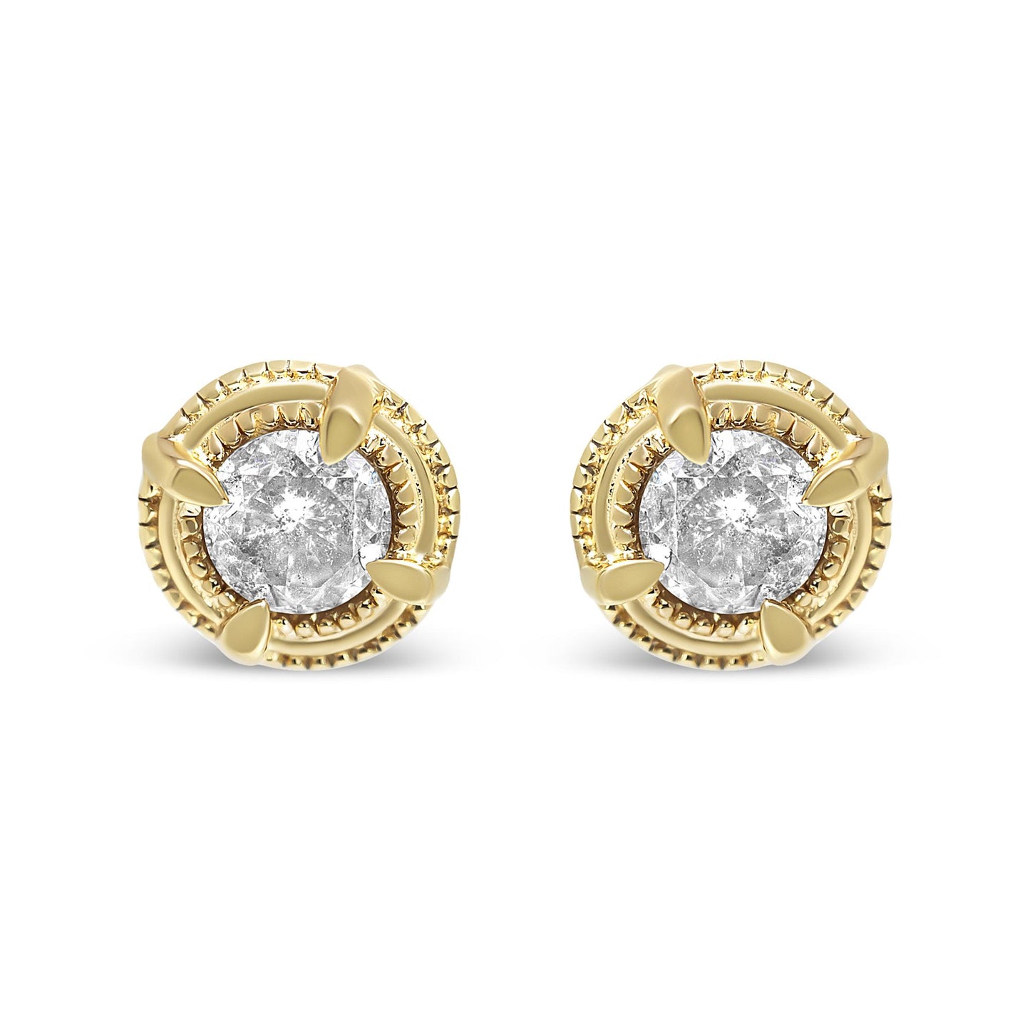 Front view of round yellow metal stud earrings with prong-set white gemstones.