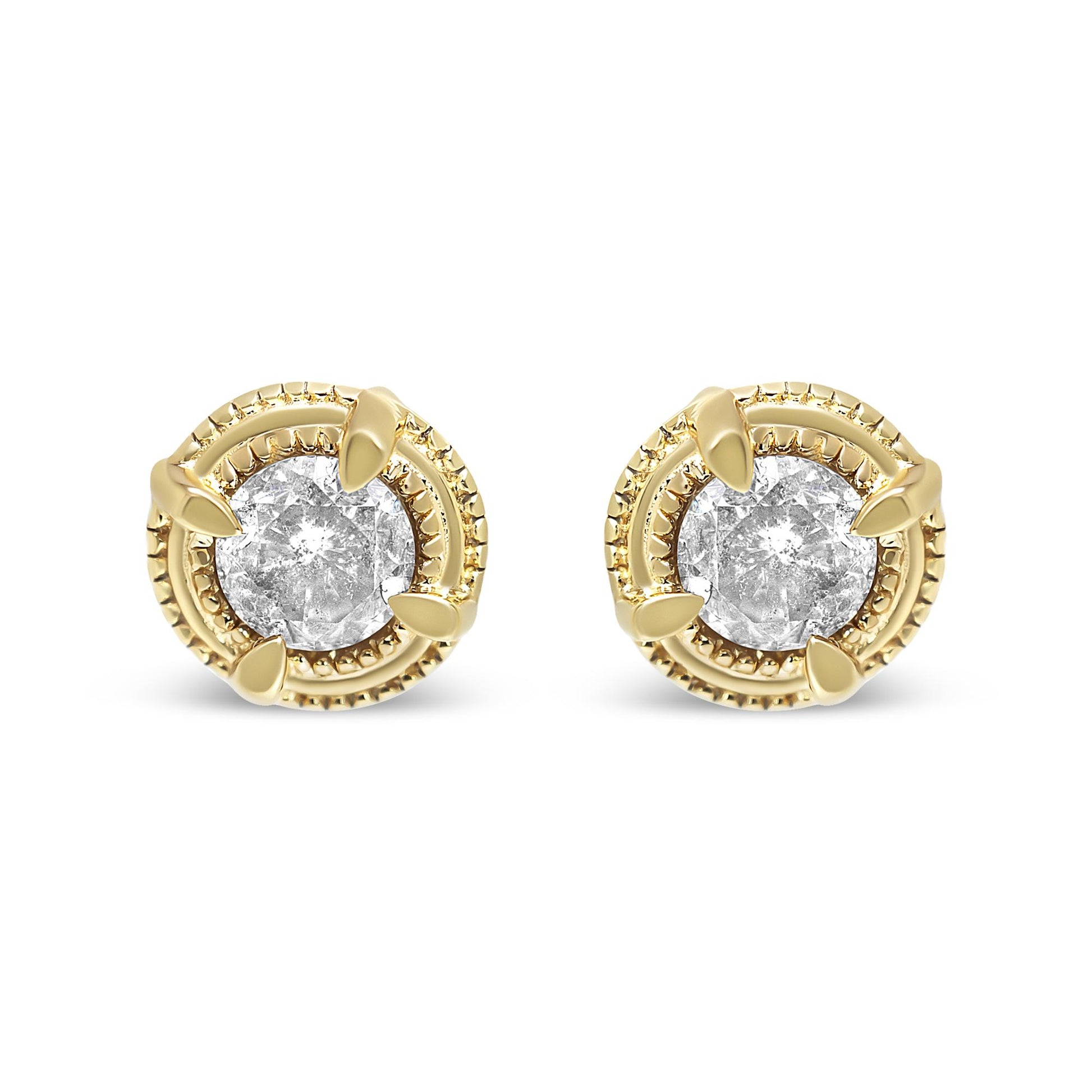 Front view of round yellow metal stud earrings with prong-set white gemstones.