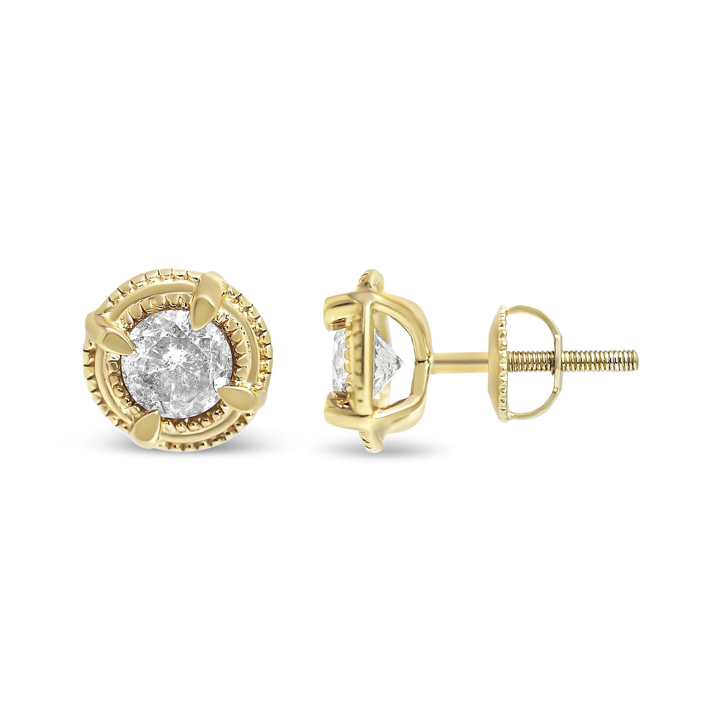 Yellow metal stud earrings with round brownish gemstones in prong settings, shown from front and side angles.