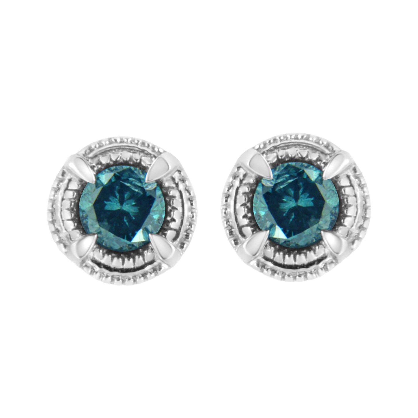 Front view of white metal stud earrings featuring round blue gemstones in prong settings.