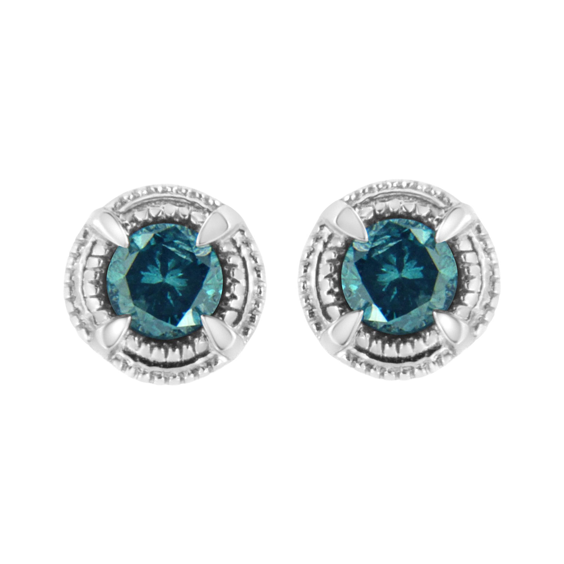 Front view of white metal stud earrings featuring round blue gemstones in prong settings.