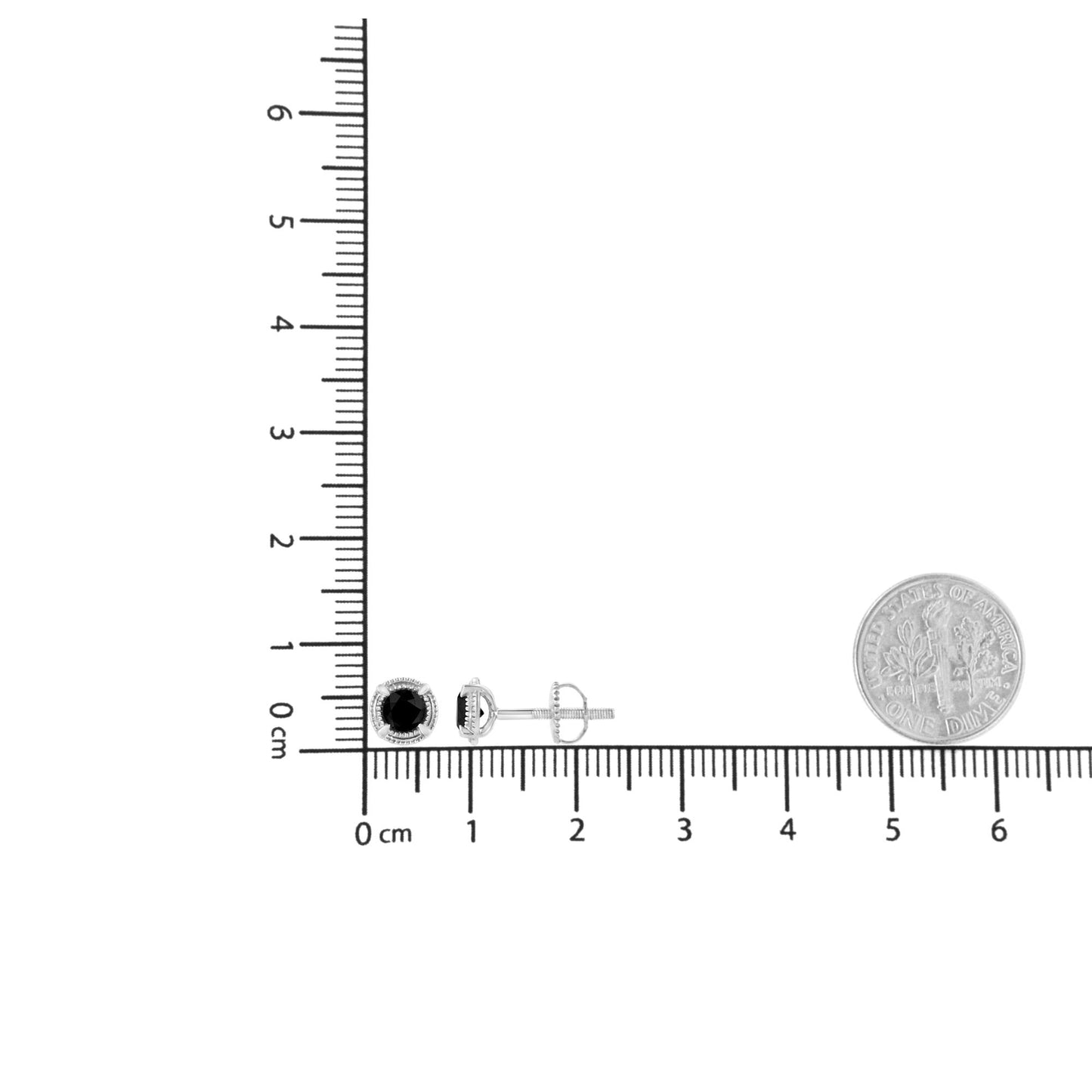 Pair of white metal stud earrings with round black gemstones in prong settings, shown from front and side on a ruler and scale for size reference.