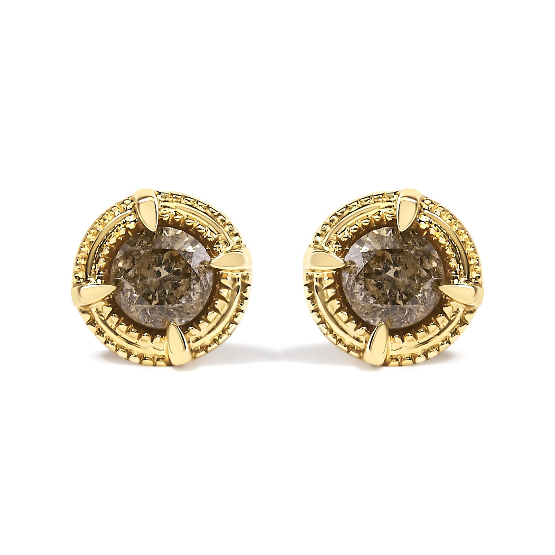 Front-facing pair of yellow metal stud earrings with round brownish gemstones in prong settings, shown against a white background.