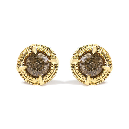 Front-facing pair of yellow metal stud earrings with round brownish gemstones in prong settings, shown against a white background.