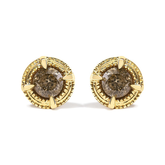 Front-facing pair of yellow metal stud earrings with round brownish gemstones in prong settings, shown against a white background.