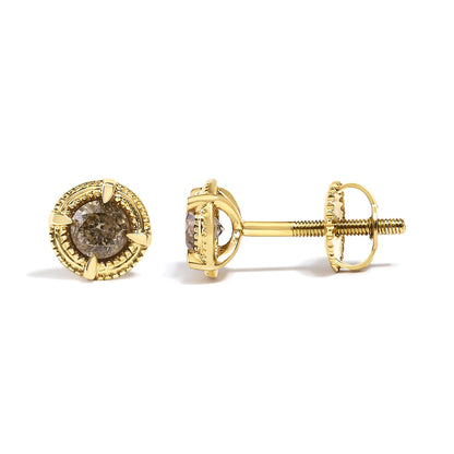 Pair of yellow metal stud earrings with round brownish gemstones in prong settings, shown from front and side angles on a white background.