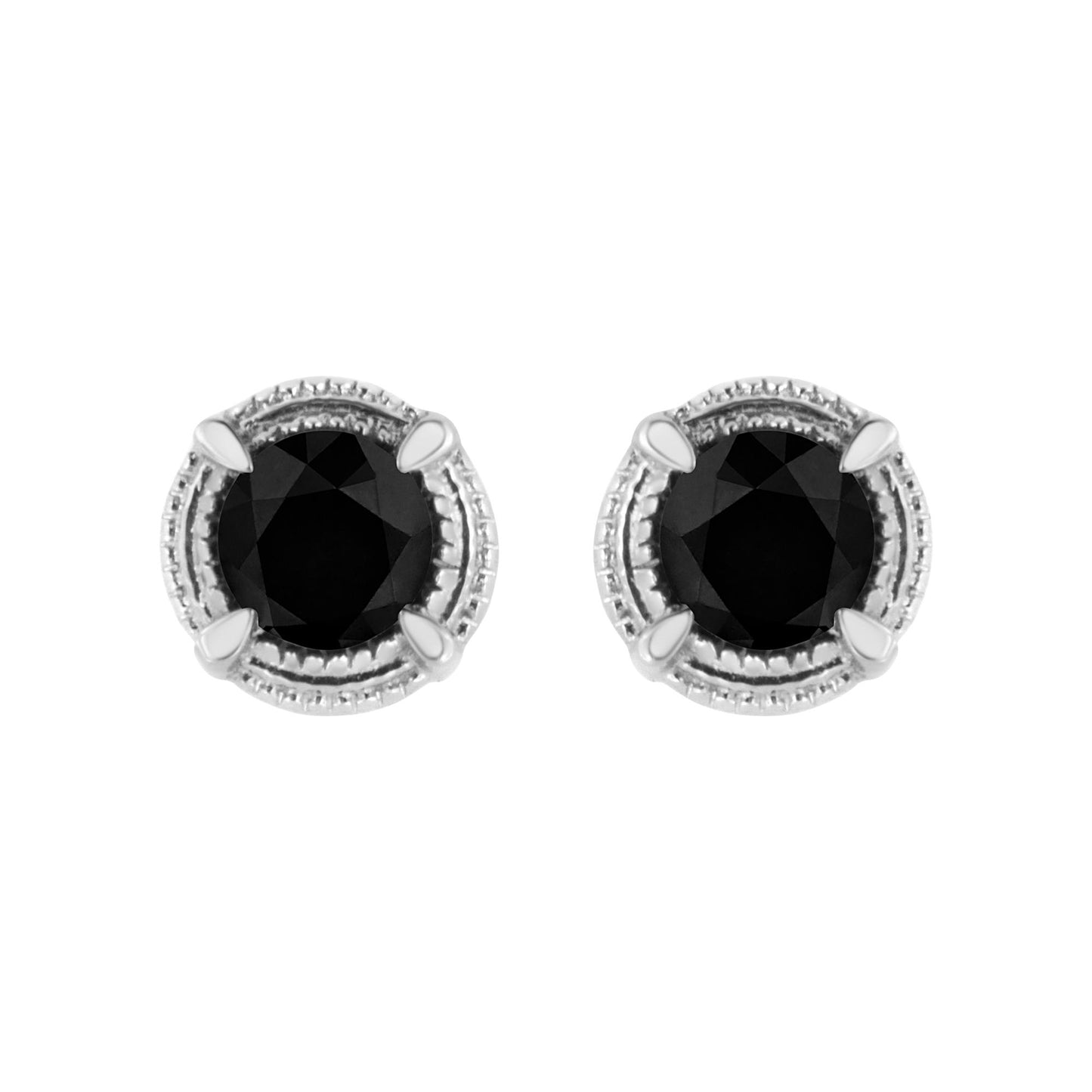 Close-up front view of a pair of white metal stud earrings with round black gemstones in prong settings.