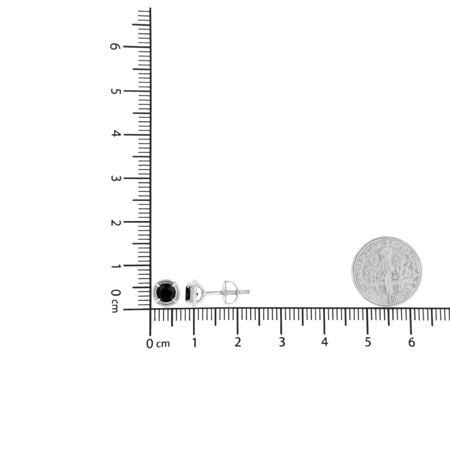 White metal stud earrings with round black gemstones in prong settings, shown from front and side on a ruler with a dime for size reference.