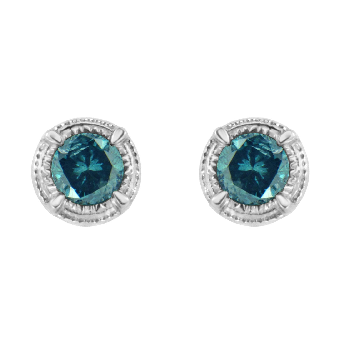 Front view of white metal round stud earrings with prong-set blue gemstones.