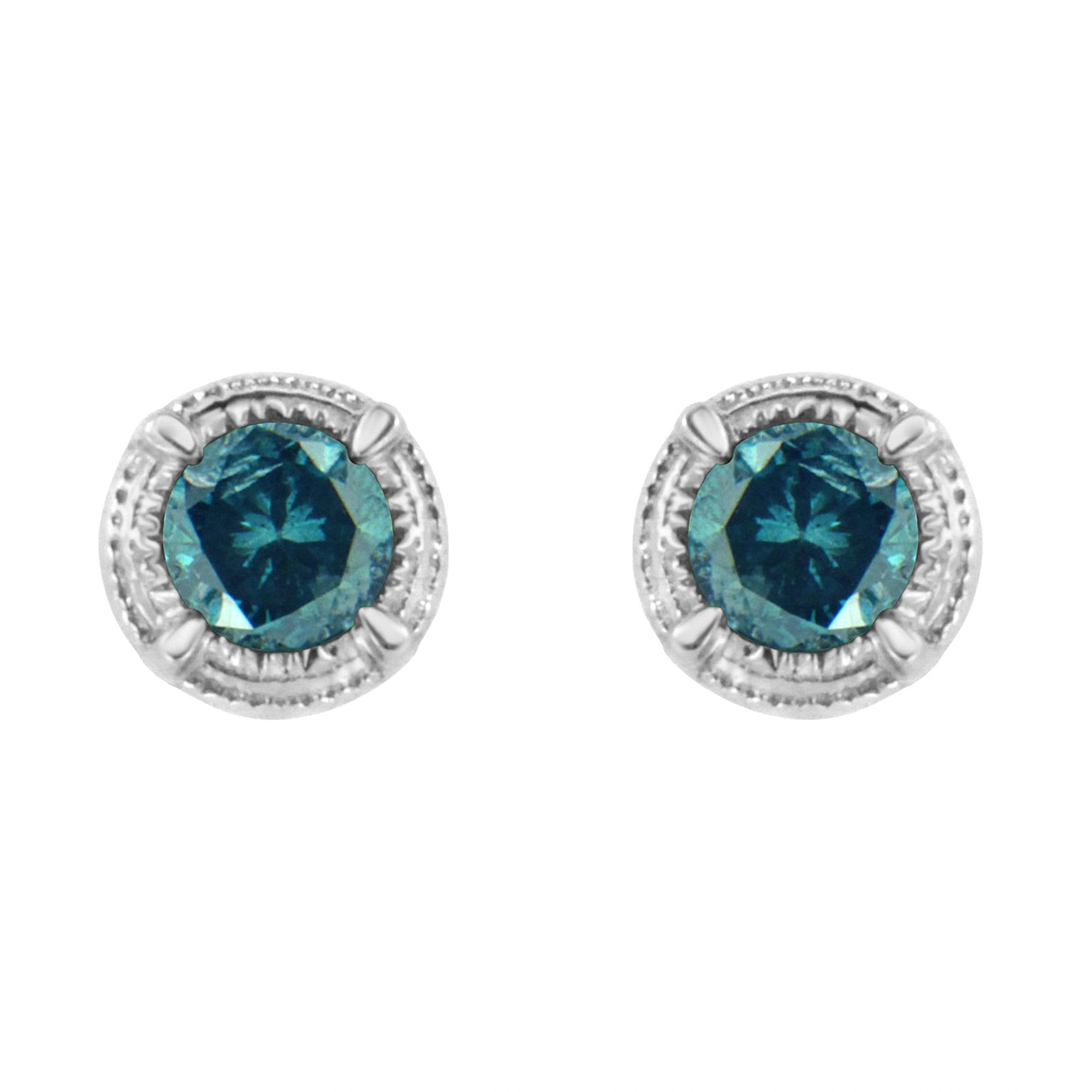 Front view of white metal round stud earrings with prong-set blue gemstones.