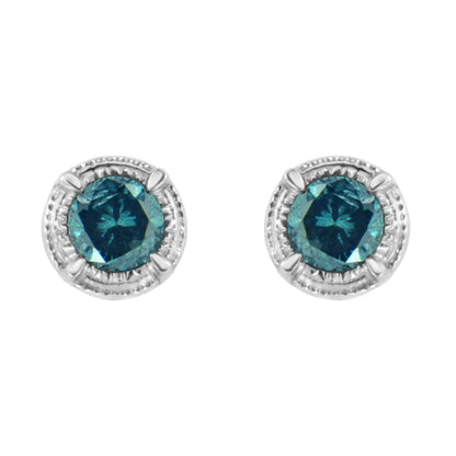 Front view of white metal round stud earrings with prong-set blue gemstones.