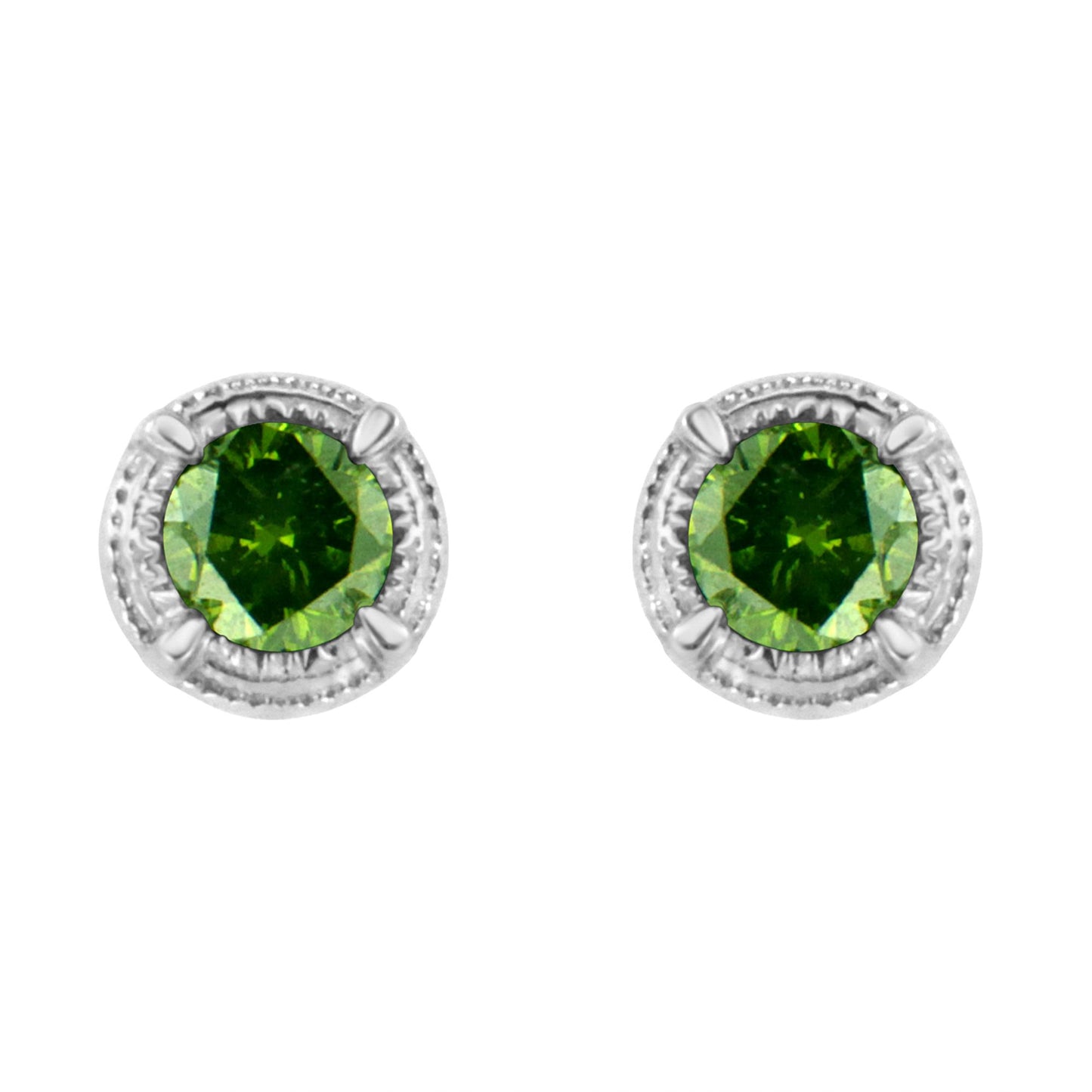 Front view of white metal stud earrings with round green gemstones in prong settings.