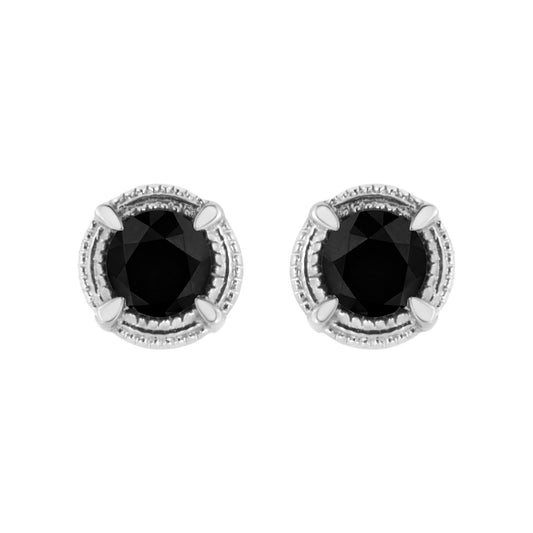 Front view of white metal stud earrings with round black gemstones in prong settings.