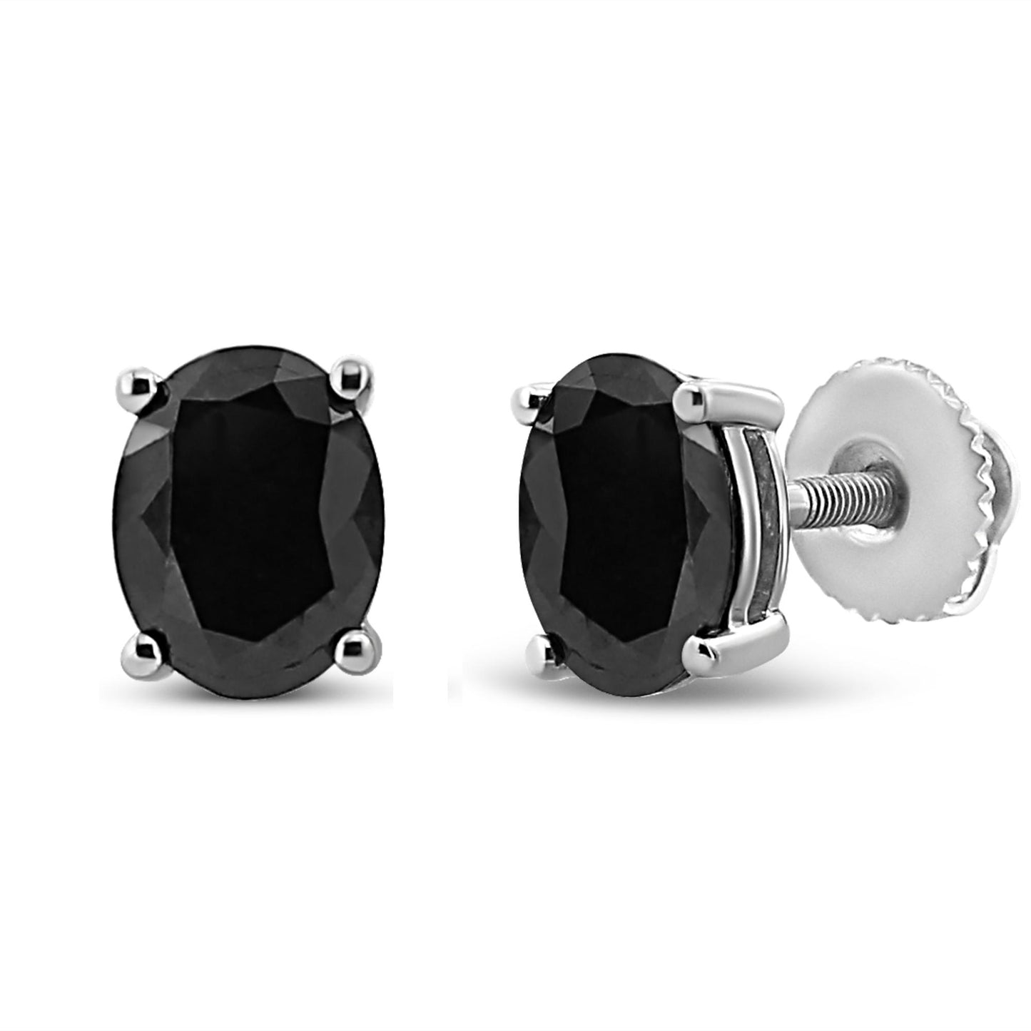 Close-up front and side angle of white metal stud earrings with oval-shaped black gemstones in prong settings.