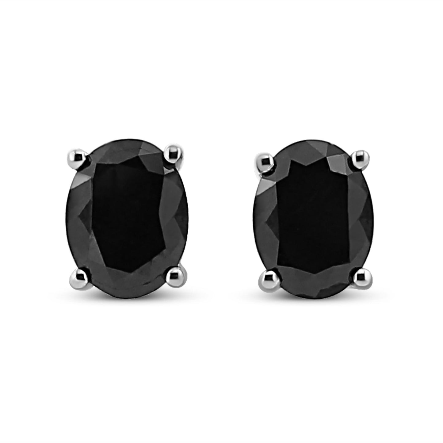 Front-facing view of white metal stud earrings featuring oval-shaped black gemstones in prong settings.