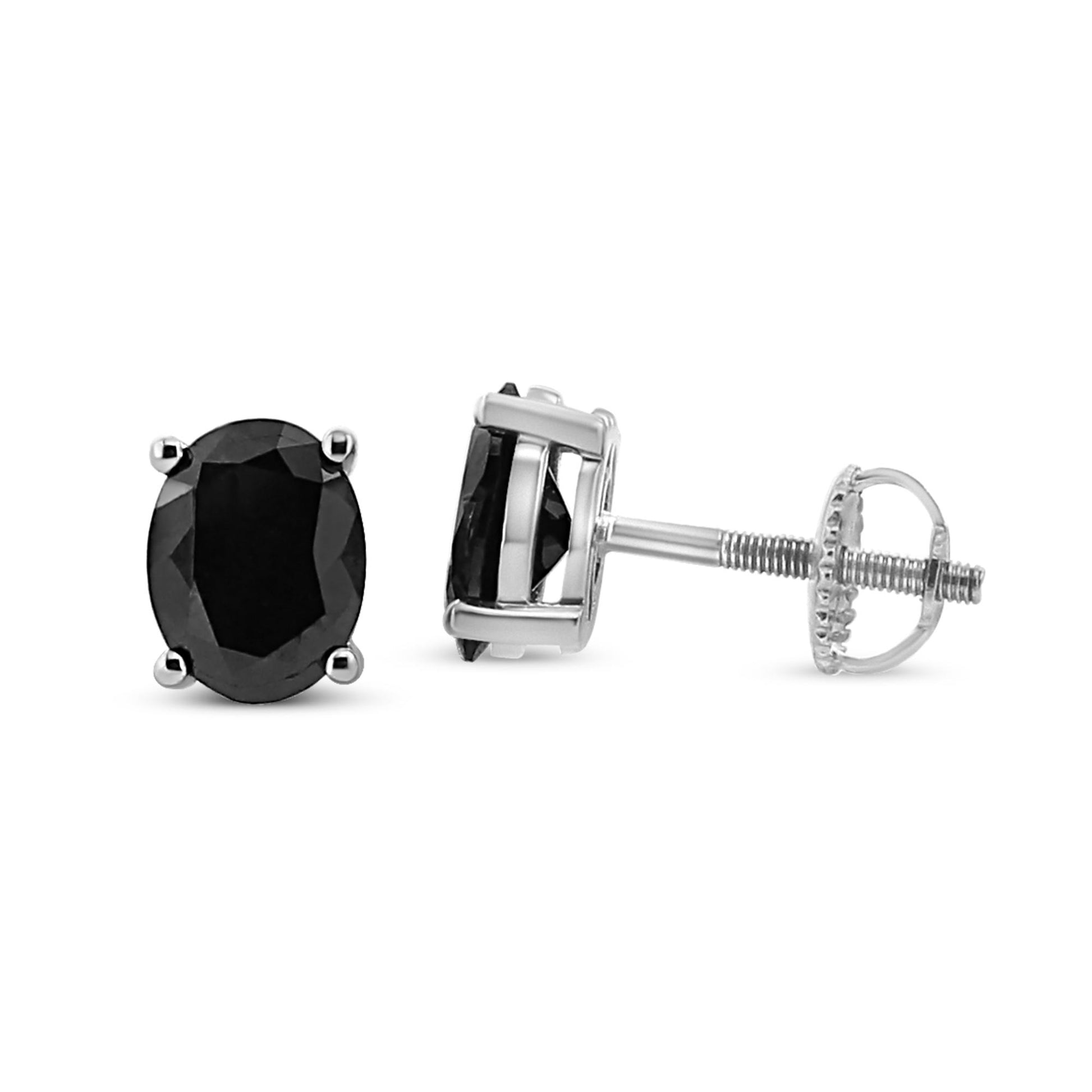 Pair of white metal stud earrings with oval black gemstones in prong settings, shown from front and side angles.