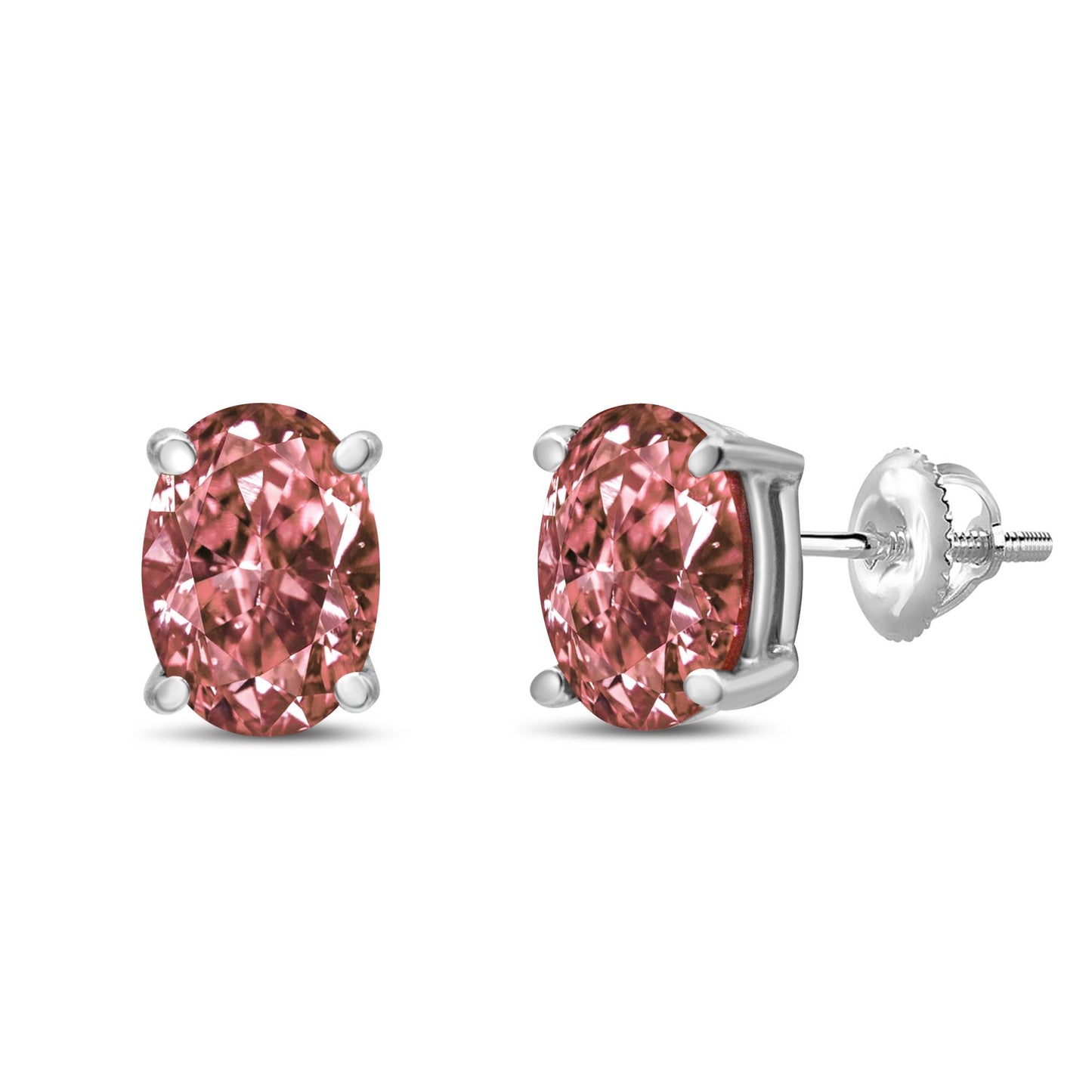 Pair of white metal stud earrings with oval-shaped pink gemstones in four-prong settings, shown from front and side angles on a white background.