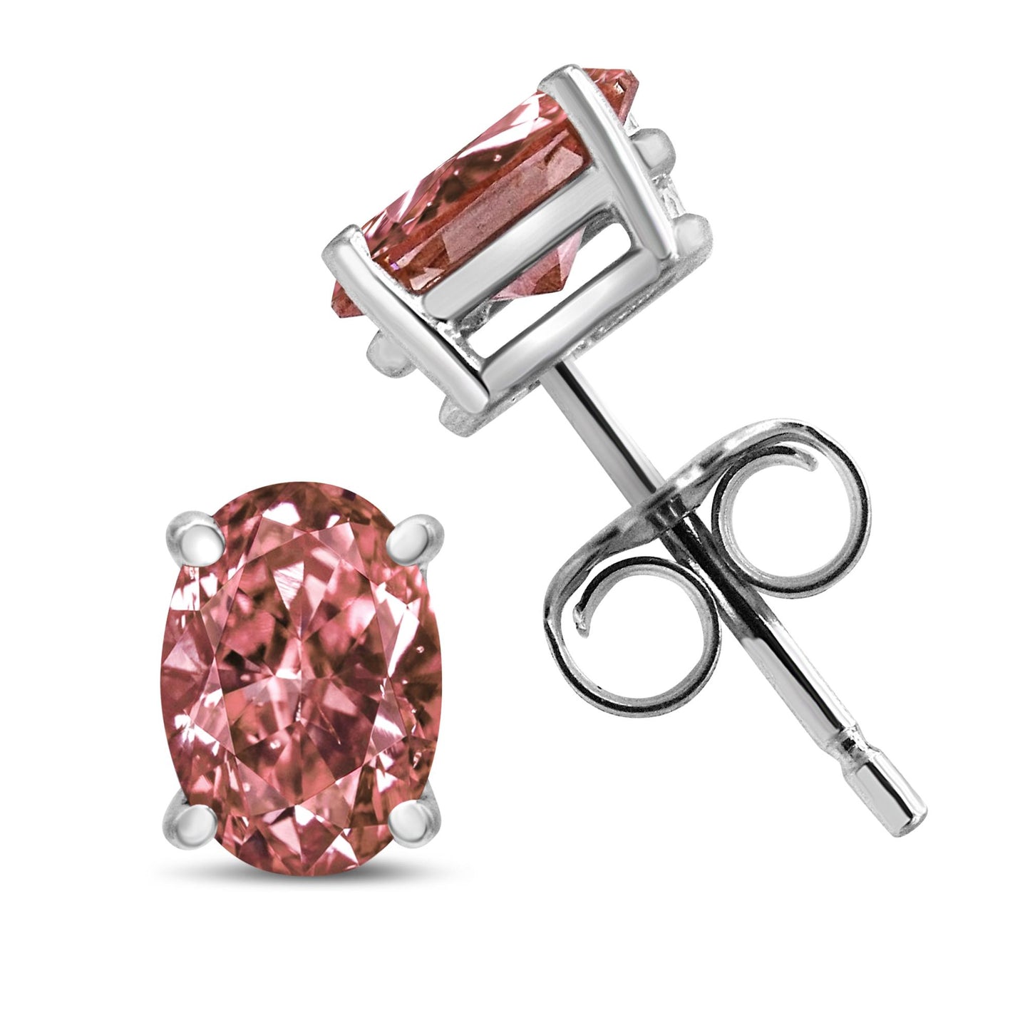Close-up image of white metal stud earrings with oval-shaped pink gemstones in 4-prong settings, shown from front and side angles.