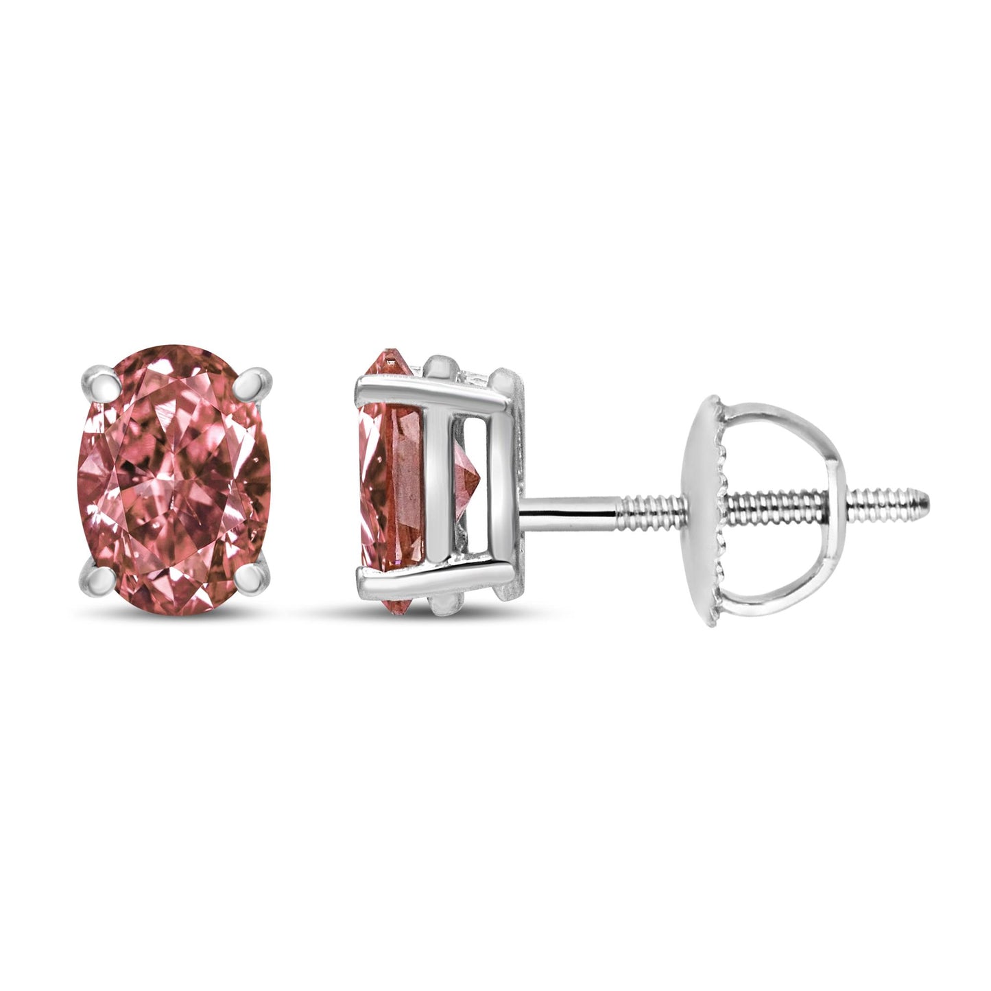 Front and side view of white metal stud earrings with oval-shaped pink gemstones in a four-prong setting on a white background.