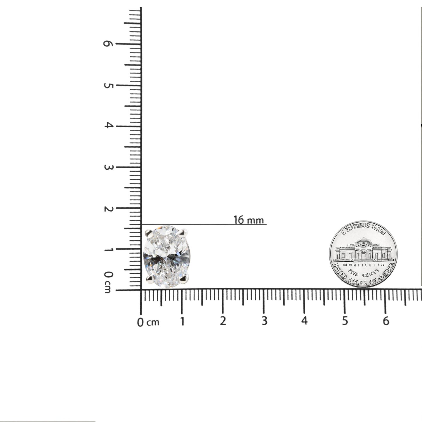 Close-up front view of a white metal earring with an oval-shaped white gemstone in a 4-prong setting, placed on a ruler for size reference.