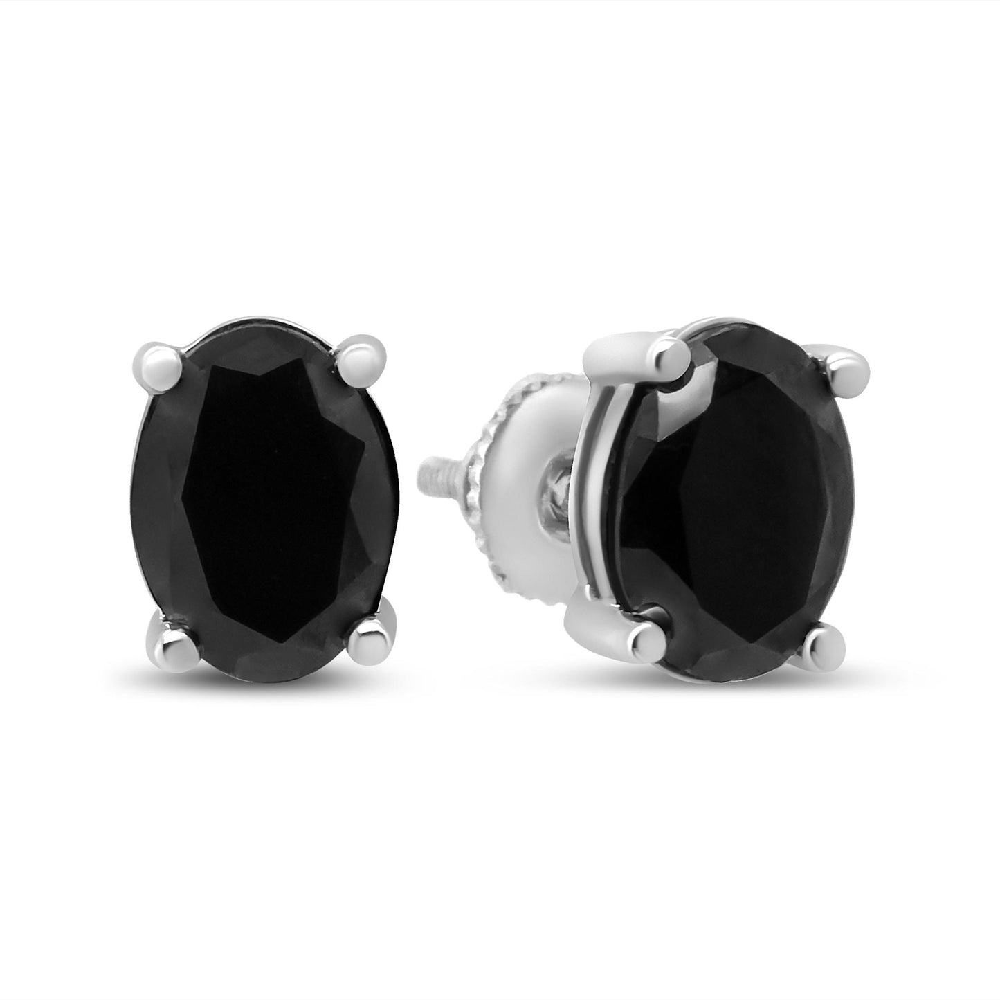 Pair of white metal stud earrings with oval-shaped black gemstones in four-prong settings, shown from front and side angles.