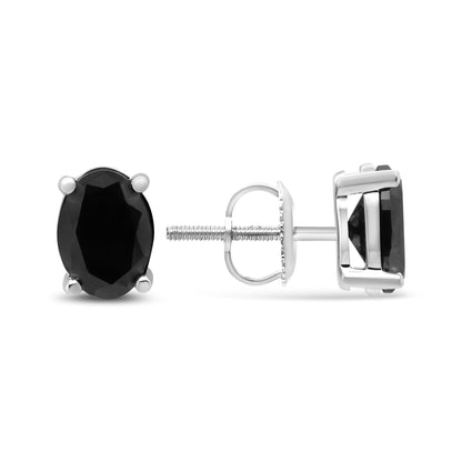Pair of white metal stud earrings with oval-shaped black gemstones in 4-prong settings, shown from front and side angles.