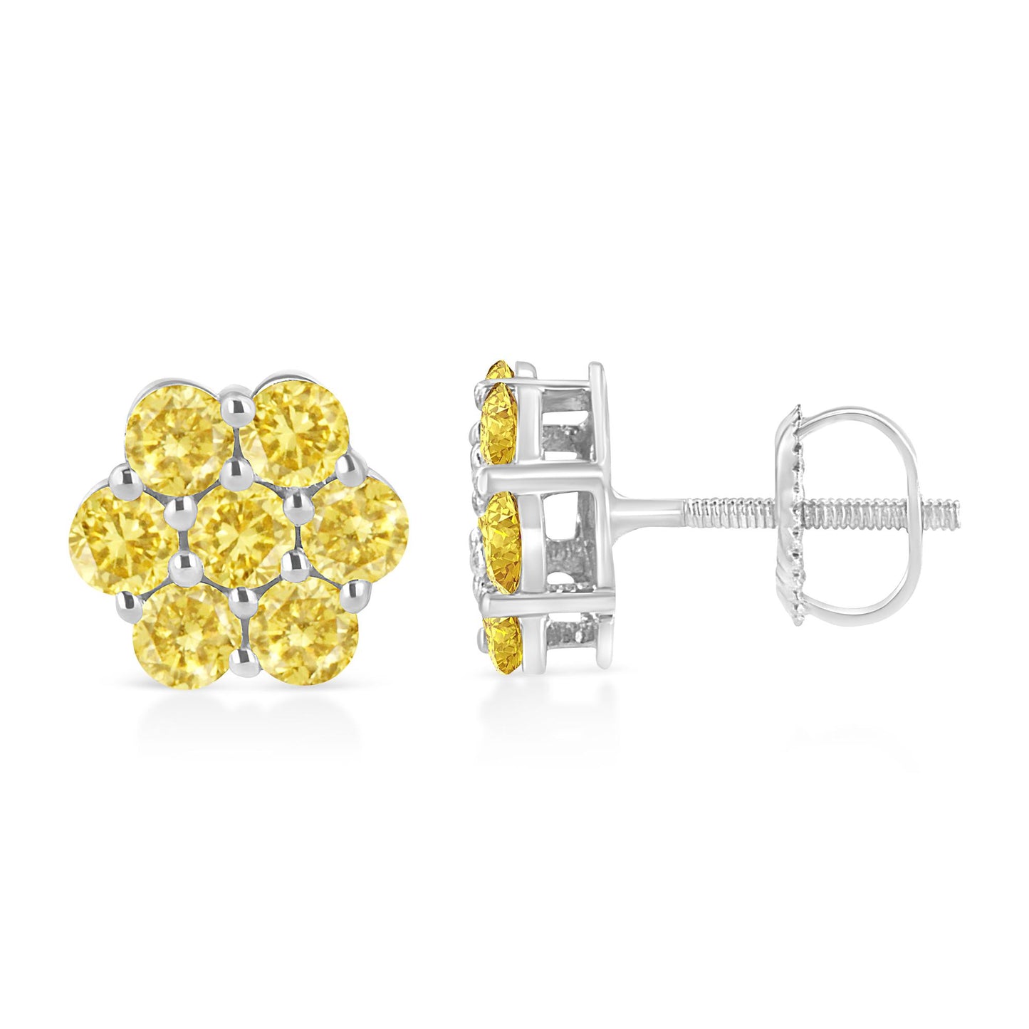 Close-up front and side view of a white metal stud earring set with multiple round yellow gemstones in prong settings.