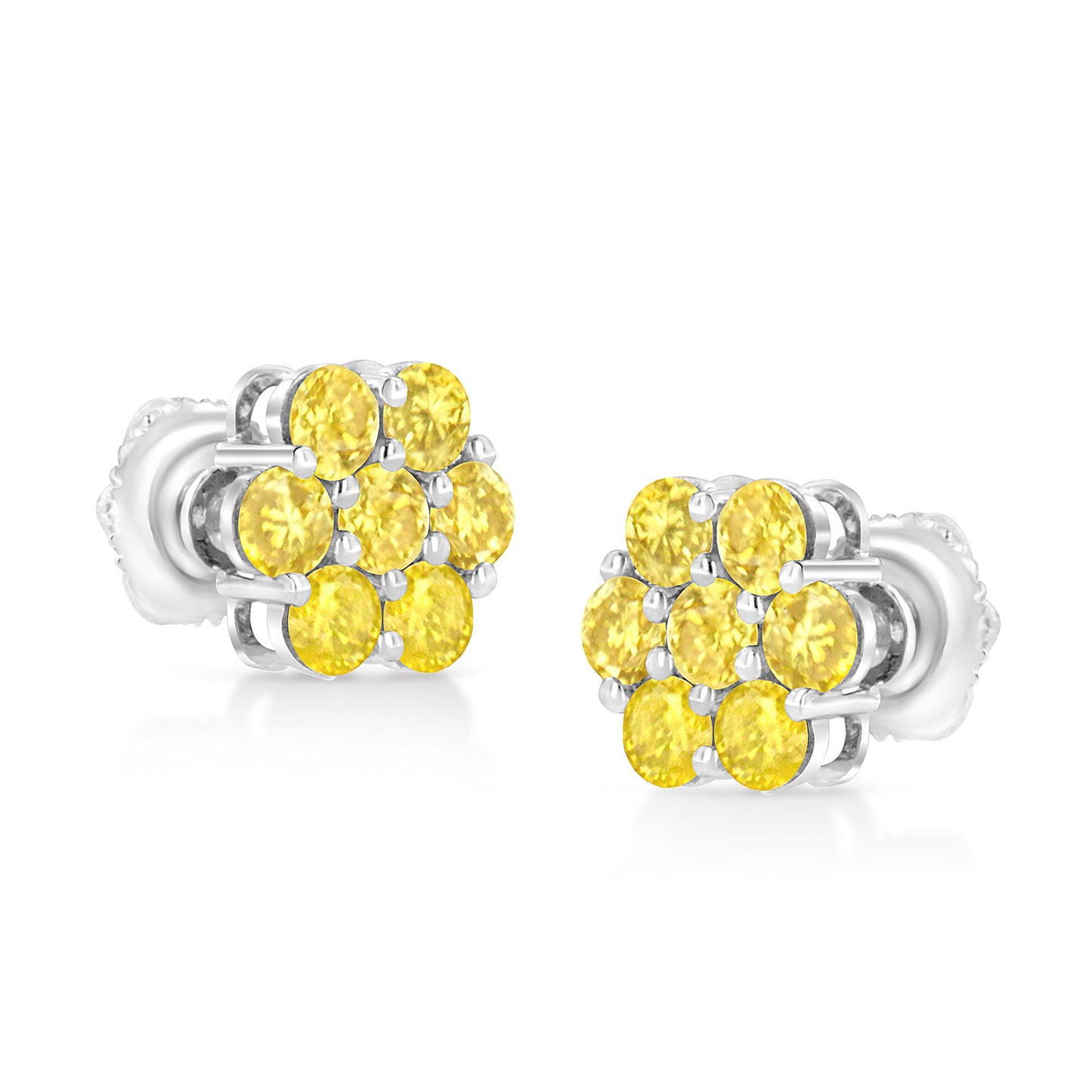 Pair of white metal stud earrings with clusters of round yellow gemstones in prong settings, shown from a slightly angled front view.