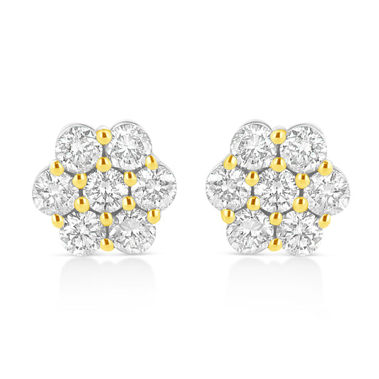 Front view of yellow metal cluster stud earrings with round brownish gemstones in prong settings.