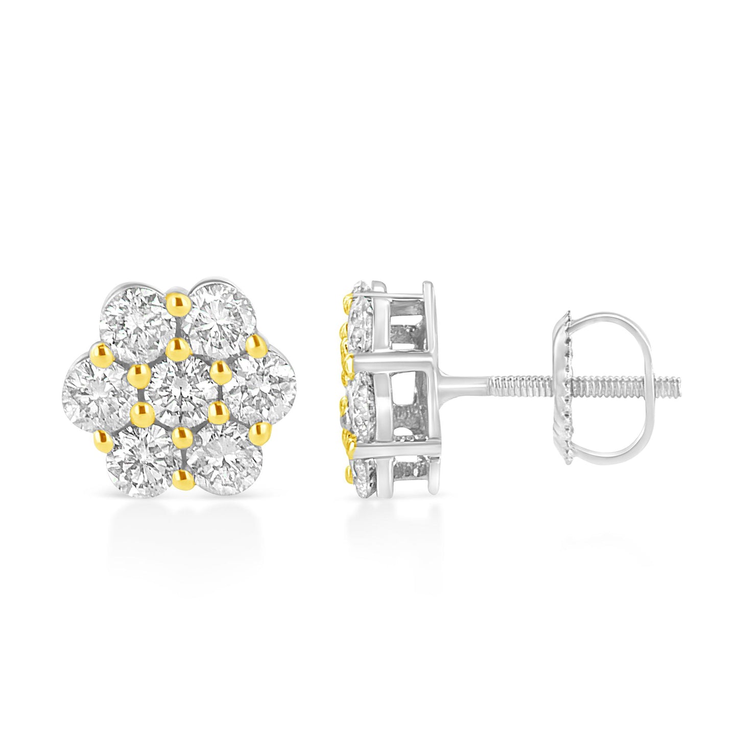 Pair of yellow metal stud earrings with round white gemstones in a flower-shaped cluster, front and side views, on a white background.