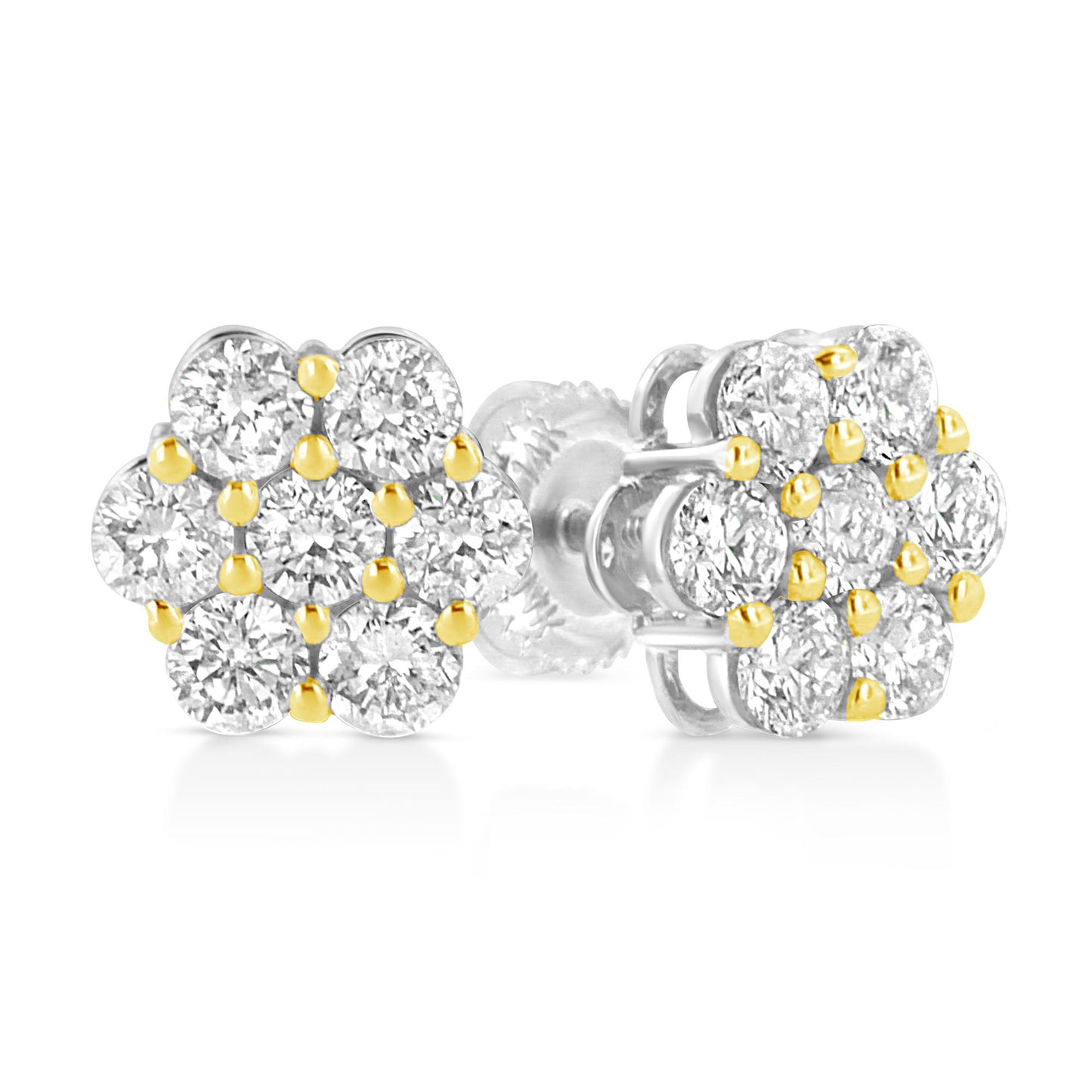Pair of yellow metal stud earrings with cluster of round brownish gemstones in prong settings, shown from side and front angles.