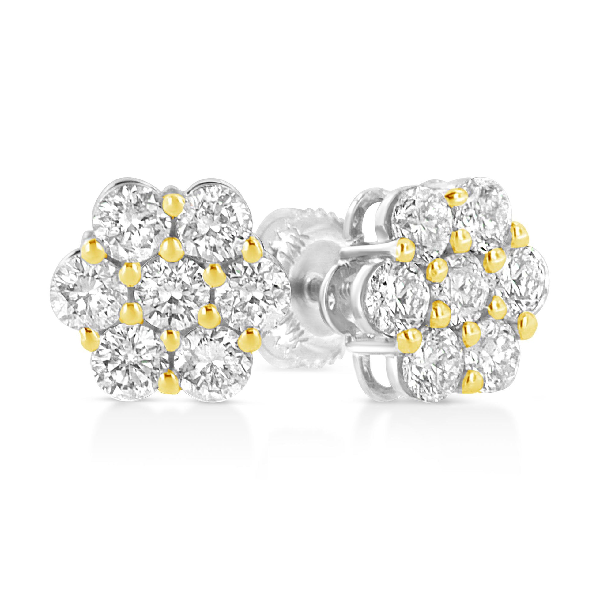 Pair of yellow metal stud earrings with cluster of round brownish gemstones in prong settings, shown from side and front angles.