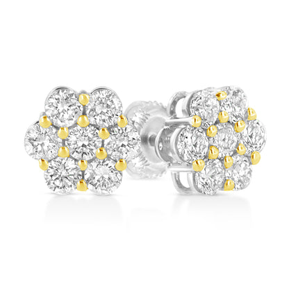 Pair of yellow metal stud earrings with cluster of round brownish gemstones in prong settings, shown from side and front angles.