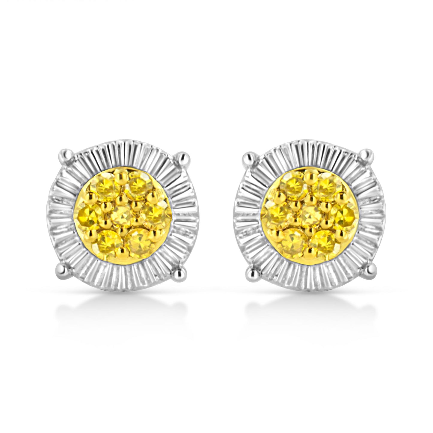 Front-facing shot of round stud earrings with a cluster of yellow gemstones in the center, surrounded by white metal with prong settings.