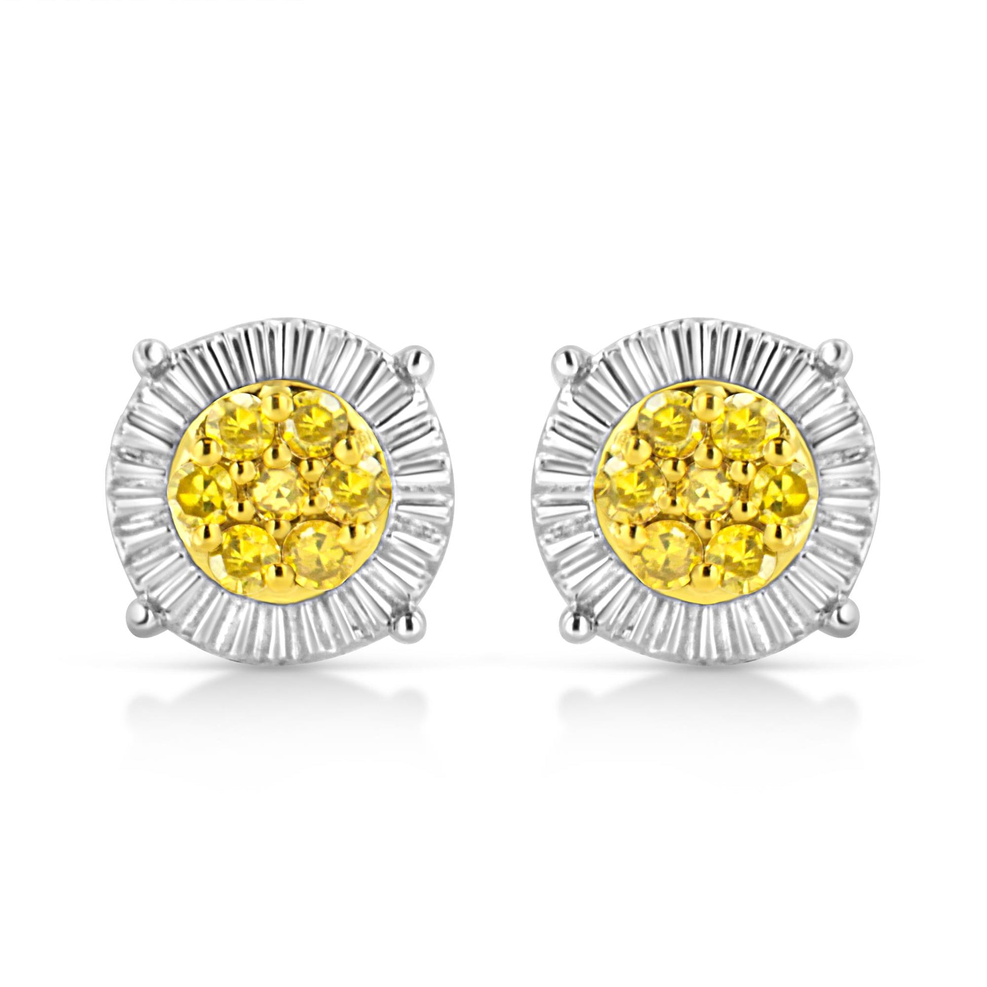 Front-facing shot of round stud earrings with a cluster of yellow gemstones in the center, surrounded by white metal with prong settings.