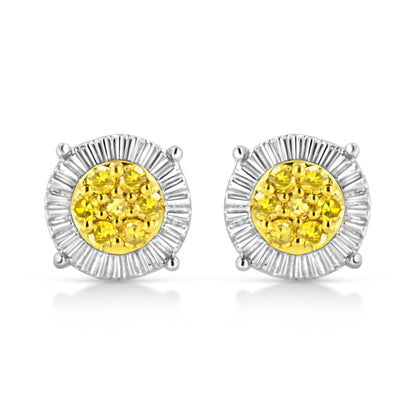 Front-facing shot of round stud earrings with a cluster of yellow gemstones in the center, surrounded by white metal with prong settings.