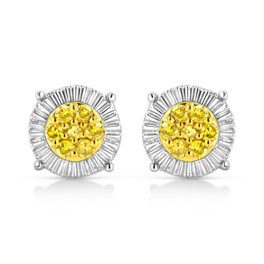 Front-facing shot of round stud earrings with a cluster of yellow gemstones in the center, surrounded by white metal with prong settings.