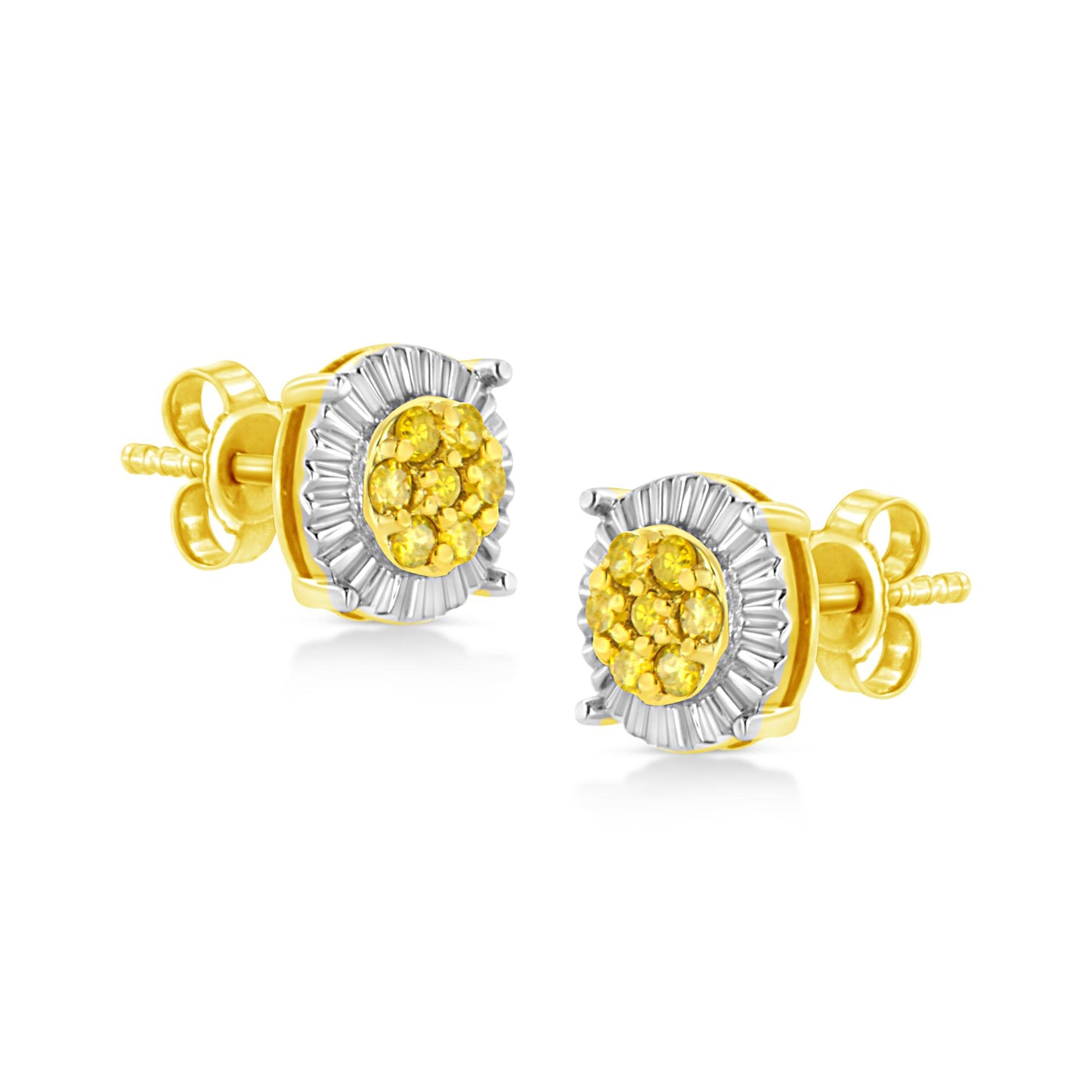 Pair of stud earrings with round yellow gemstones in cluster at center, surrounded by white metal accents, shown from a front angle.