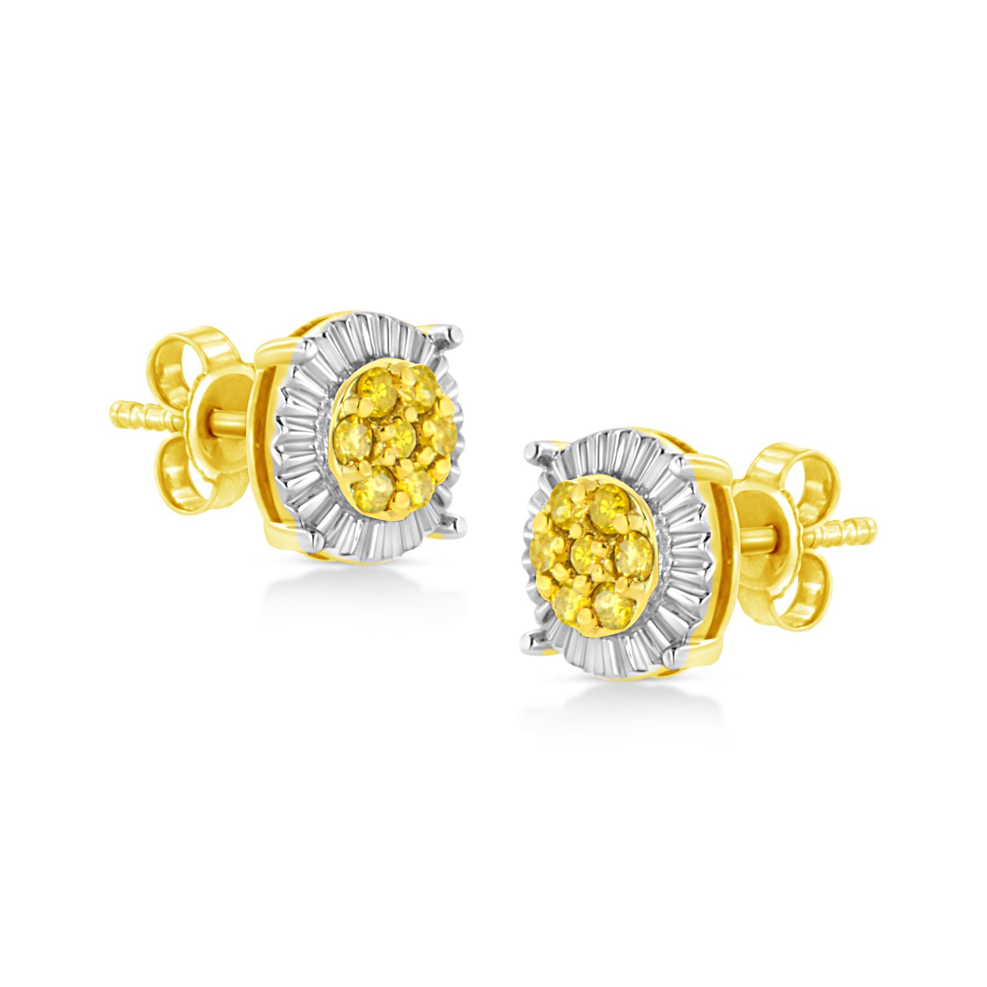 Pair of stud earrings with round yellow gemstones in cluster at center, surrounded by white metal accents, shown from a front angle.