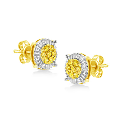 Pair of stud earrings with round yellow gemstones in cluster at center, surrounded by white metal accents, shown from a front angle.