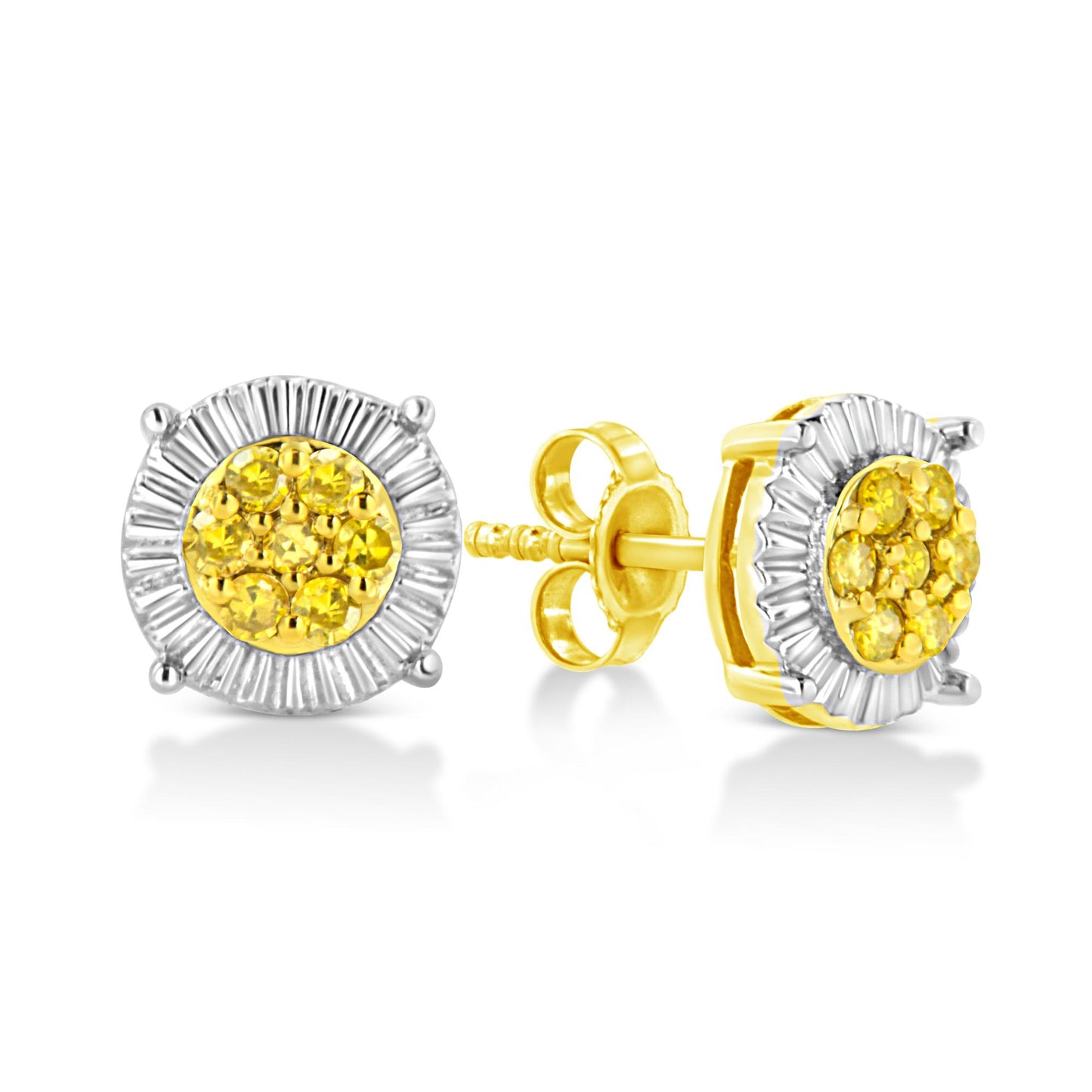 Close-up front and side view of round stud earrings featuring clustered yellow gemstones in prong settings surrounded by a white metal textured halo.