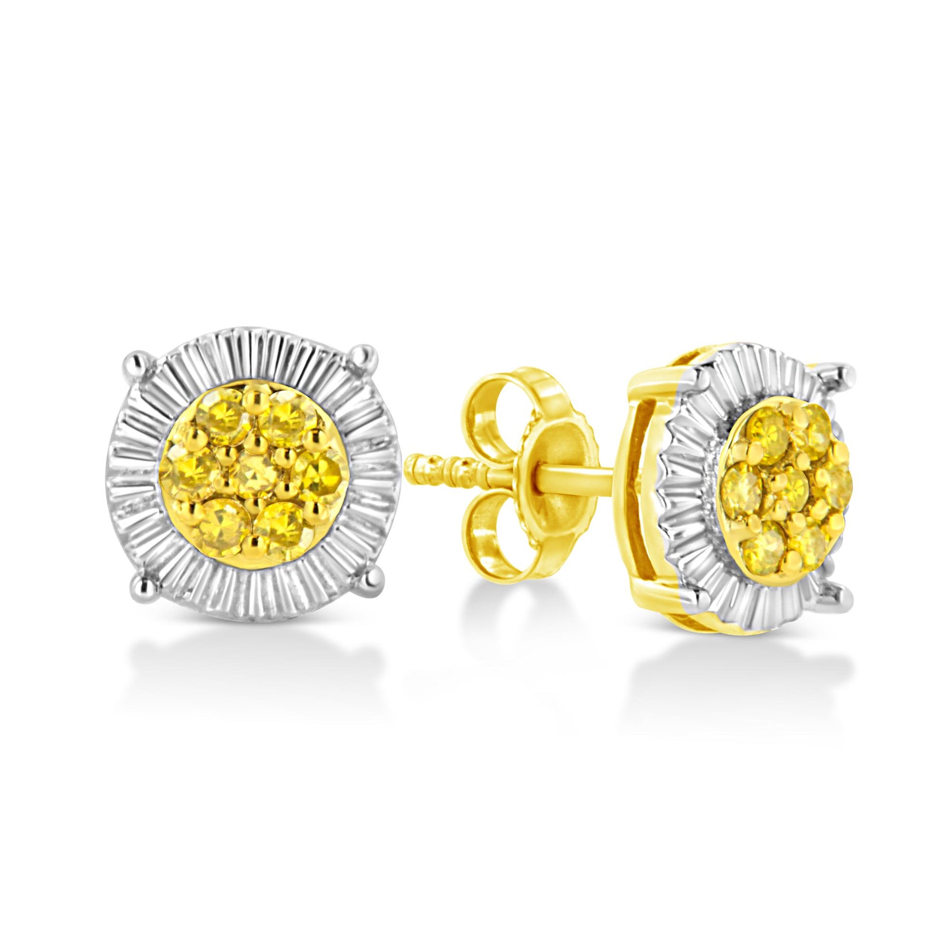 Close-up front and side view of round stud earrings featuring clustered yellow gemstones in prong settings surrounded by a white metal textured halo.