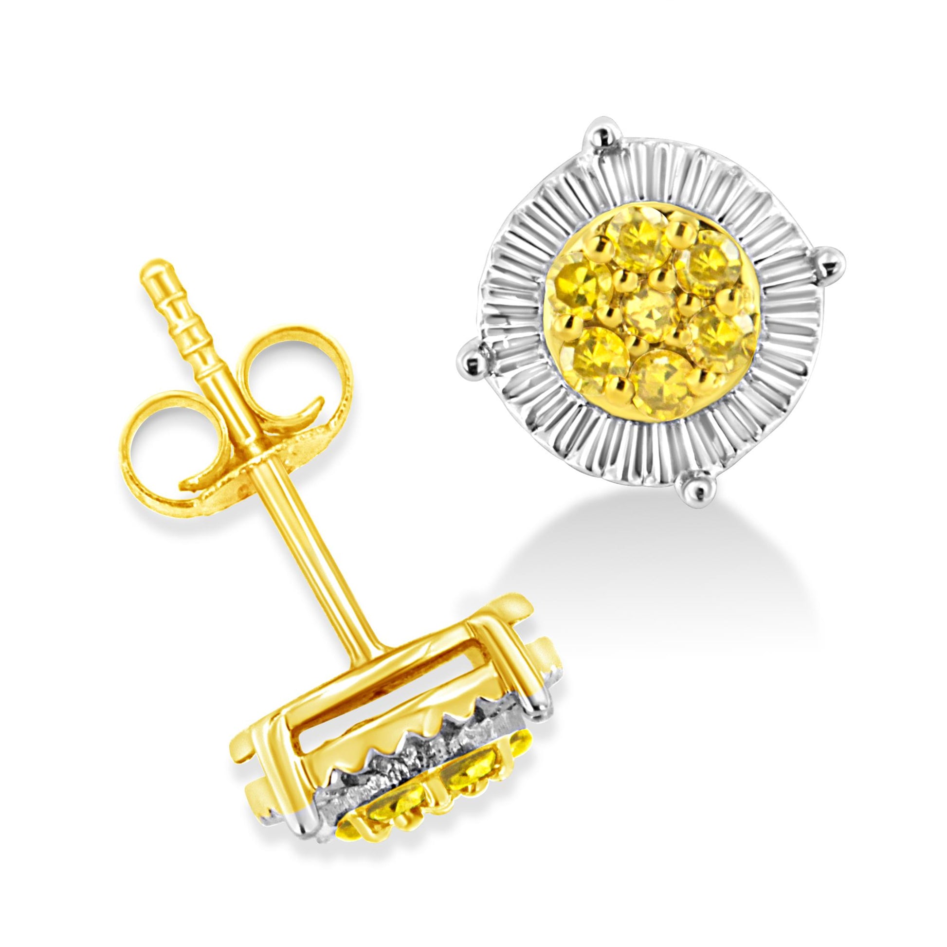 Yellow and white metal stud earrings with round yellow gemstones in prong settings, shown from front and side angles on a white background.
