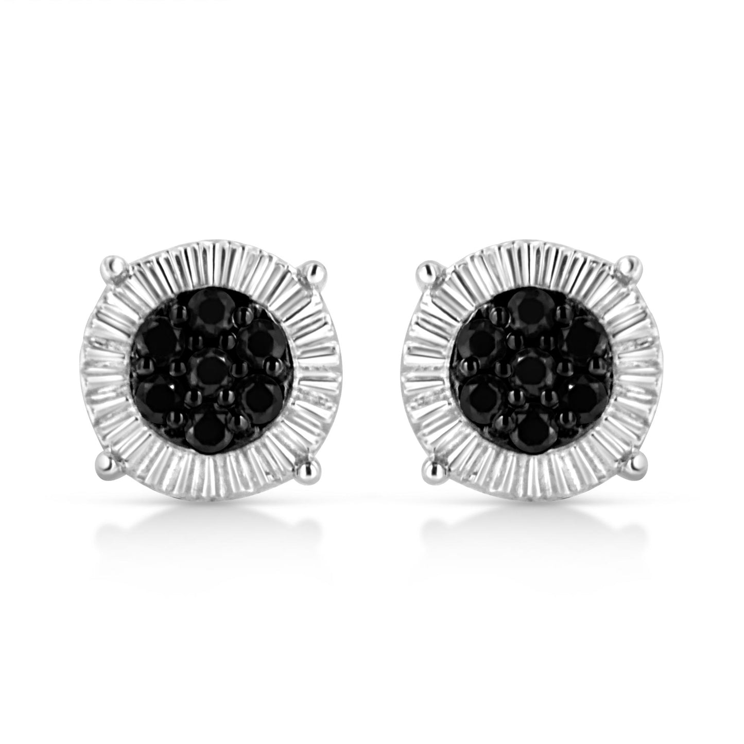 Pair of white metal round stud earrings with prong-set black round gemstones in the center, shown from a front angle.